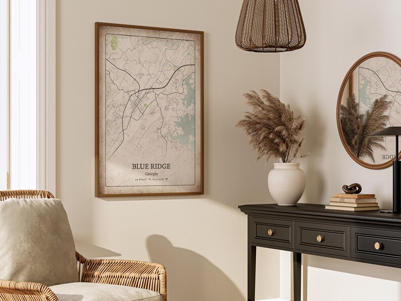 Vintage Blue Ridge GA Map Print, Distressed Classic Wall Art, Blue ...