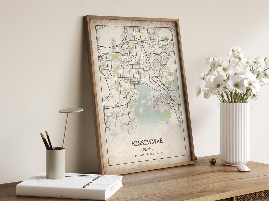 Poster Mappa Vintage Kissimmee Florida – Stampa Su Tela 23x28 Cm, Decorazione Da Parete
