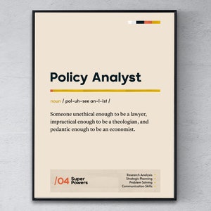 Affiche de définition d’analyste de politiques, impression de graduation d’analyste de réglementation, art mural de collègue analyste de conformité, cadeau de bureau moderne amusant