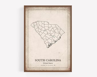 Vintage South Carolina Map Print, Distressed Antique Wall Art, South Carolina State Poster, Beach House Decor, United States Art