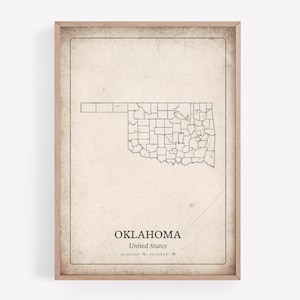 Vintage Oklahoma Map Print, Grunge Antique Wall Art, Oklahoma State Poster, Rural Countryside Cottage Decor, United States Art