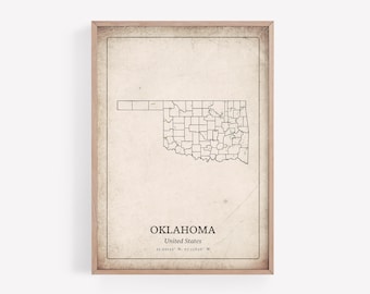 Vintage Oklahoma Map Print, Grunge Antique Wall Art, Oklahoma State Poster, Rural Countryside Cottage Decor, United States Art
