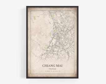 Rustic Chiang Mai Map Print, Grunge Retro Wall Art, Chiang Mai Poster, Resort Villa Decor, Thailand Art