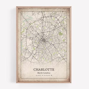 Classic Charlotte Map Print, Grunge Vintage Wall Art, Charlotte City Poster, North Carolina United States Art