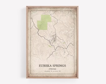 Vintage Eureka Springs AR-kaartafdruk, grunge noodlijdende muurkunst, Eureka Springs-poster, decor berghut, kunst Arkansas, Verenigde Staten