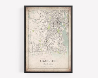 Rustieke Cranston-kaartafdruk, retro klassieke muurkunst, Cranston-poster, Urban Metropolitan appartementdecor, kunst Rhode Island, Verenigde Staten