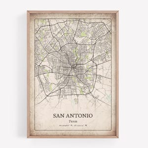 Impresión rústica del mapa de San Antonio, arte mural clásico con efecto desgastado, póster de la ciudad de San Antonio, arte de Texas, Estados Unidos