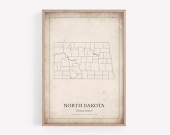 Vintage North Dakota Map Print, Grunge Retro Wall Art, North Dakota State Poster, Rural Countryside Cottage Decor, United States Art