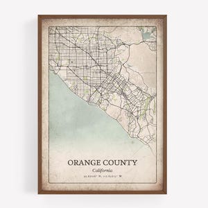 Klassische Orange County Karte Druck, rustikale Wandkunst, Orange County City Poster, Strandhausdekor, Kalifornien USA Kunst