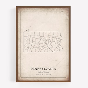 Classic Pennsylvania Map Print, Distressed Antique Wall Art, Pennsylvania State Poster, Rural Countryside Cottage Decor, United States Art