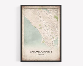Rustic Sonoma County Map Print, Antique Vintage Wall Art, Sonoma County City Poster, Wine Country Estate Decor, California United States Art