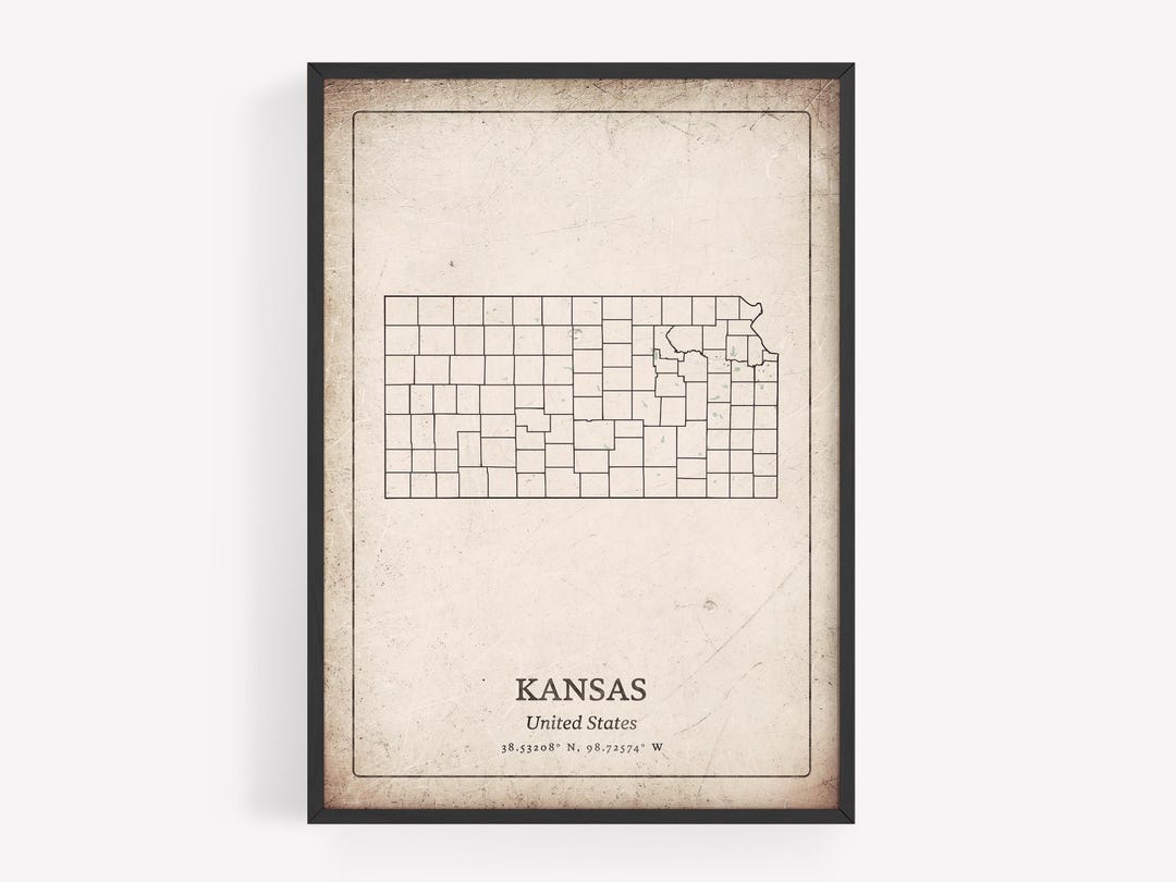 Vintage Kansas Map Print, Classic Distressed Wall Art, Kansas State ...