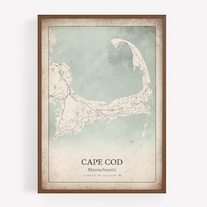 Classic Cape Cod Map Print, Rustic Vintage Wall Art, Cape Cod City Poster, Misty Coastal Cottage Decor, Massachusetts United States Art