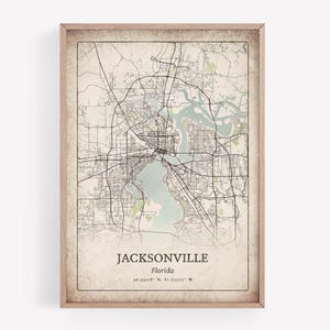 Vintage Jacksonville Map Print, Rustic Classic Wall Art, Jacksonville City Poster, Beach House Decor, Florida United States Art