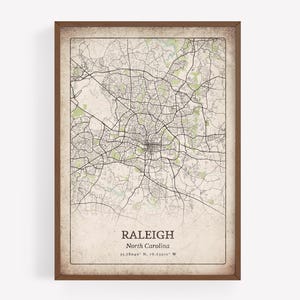Impression de carte rustique de Raleigh, art mural effet vieilli grunge, affiche de la ville de Raleigh, art en Caroline du Nord, États-Unis