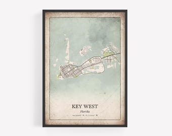 Rustic Key West Map Print, Classic Grunge Wall Art, Key West City Poster, Beach House Decor, Florida United States Art