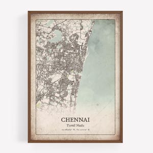 Rustic Chennai Map Print, Antique Classic Wall Art, Chennai City Poster, Urban Metropolitan Apartment Decor, Tamil Nadu India Art