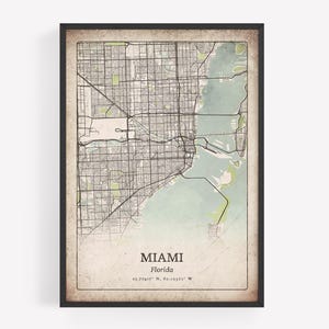 Impression de carte rustique de Miami, art mural effet vieilli classique, affiche de la ville de Miami, décoration de maison de plage, art de la Floride aux États-Unis