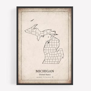 Vintage Michigan Map Print, Rustic Retro Wall Art, Michigan State Poster, Lake House Decor, United States Art