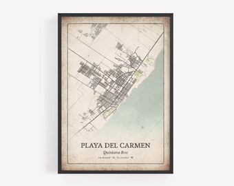 Impresión clásica del mapa de Playa del Carmen, arte mural antiguo vintage, póster de la ciudad de Playa del Carmen, decoración de casas de playa, arte de Quintana Roo, México