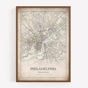 Impression rustique de carte de Philadelphie, art mural antique grunge, affiche de la ville de Philadelphie, Pennsylvanie États-Unis Art