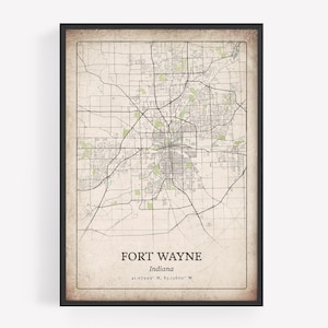 Impresión rústica de mapa de Fort Wayne, arte mural antiguo retro, póster de la ciudad de Fort Wayne, decoración urbana de apartamentos metropolitanos, arte de Indiana, Estados Unidos