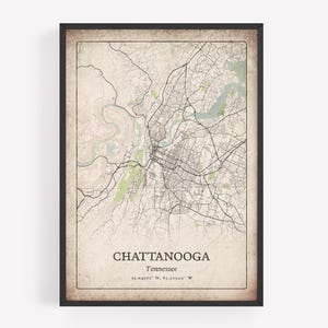 Impression rustique de carte de Chattanooga, art mural antique grunge, affiche de la ville de Chattanooga, décoration de chalet de montagne, art du Tennessee, États-Unis