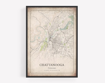 Rustic Chattanooga Map Print, Grunge Antique Wall Art, Chattanooga City Poster, Mountain Cabin Decor, Tennessee United States Art