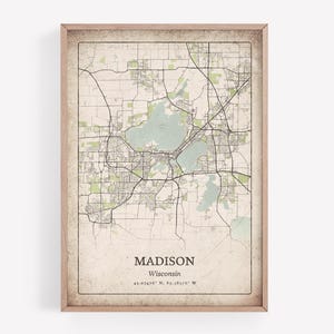 Impression de carte classique de Madison, art mural rustique en détresse, affiche de Madison City, décoration d'appartement urbain métropolitain, art du Wisconsin, États-Unis
