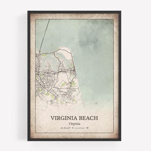 Impression de carte classique de Virginia Beach, art mural ancien effet vieilli, affiche de la ville de Virginia Beach, décoration de maison de plage, art de la Virginie des États-Unis