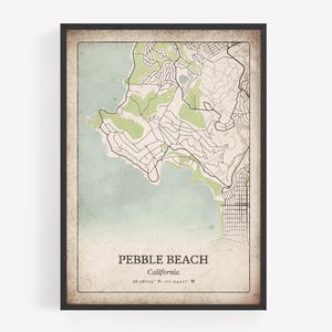Vintage Pebble Beach Map Print, Rustic Antique Wall Art, Pebble Beach City Poster, Coastal Cottage Decor, California United States Art