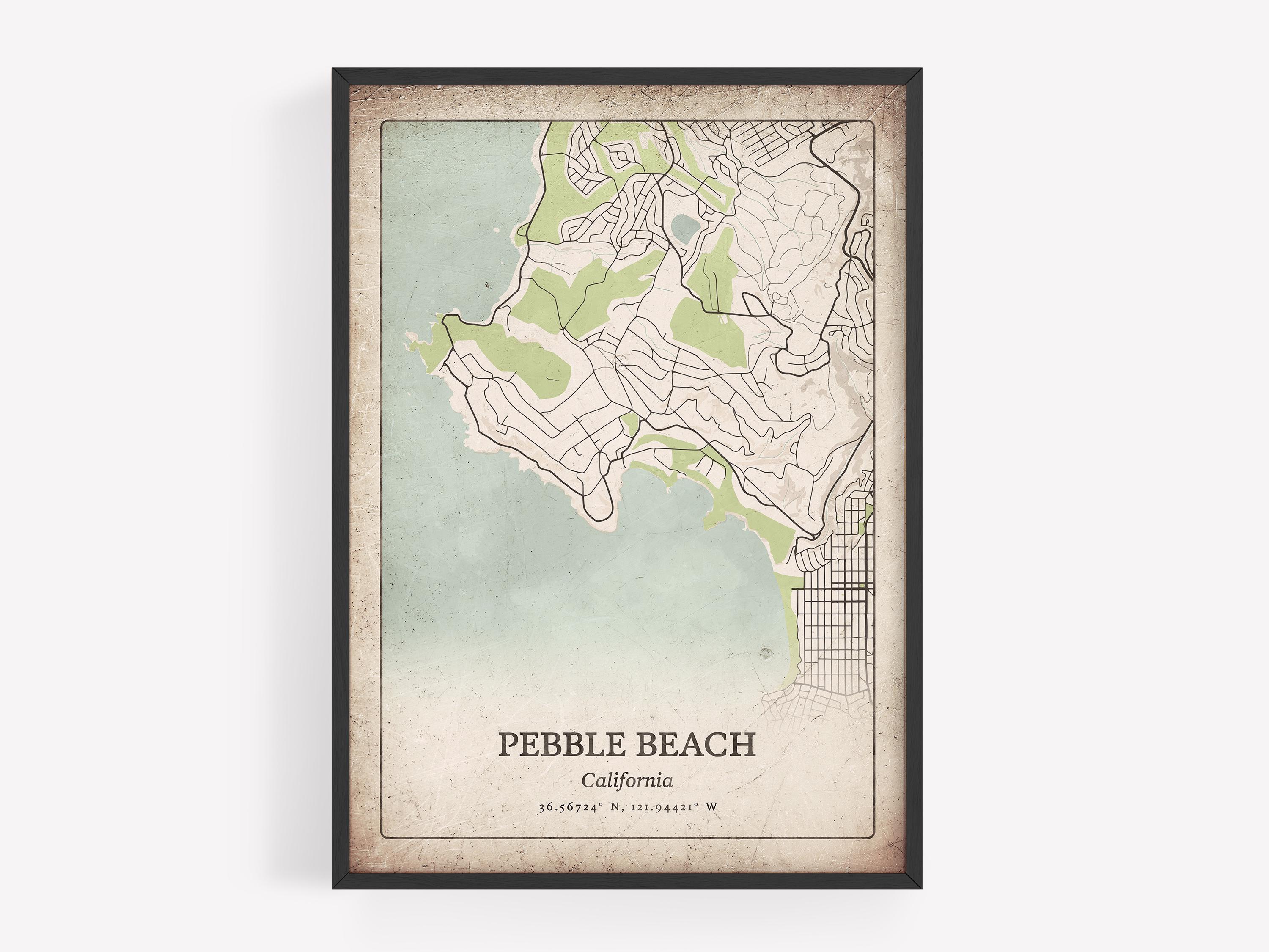 Vintage Pebble Beach Map Print, Rustic Antique Wall Art, Pebble Beach ...