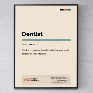 Könnte beinhalten: Ein beiger Poster mit schwarzem Text, der "Dentist" lautet und eine Definition des Wortes enthält. Der Poster enthält auch eine Liste der "Superkräfte" eines Zahnarztes, darunter "Diagnose von Mundkrankheiten", "Durchführung von zahnärztlichen Eingriffen", "Aufklärung von Patienten" und "Erstellung von Behandlungsplänen".
