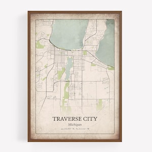 Classic Traverse City Map Print, Antique Rustic Wall Art, Traverse City Poster, Lake House Decor, Michigan United States Art