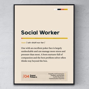 Puede incluir: Un póster enmarcado con el texto "Social Worker" en letras negras en negrita. Debajo, una definición describe el rol, destacando habilidades como la empatía y la resolución de problemas. El póster tiene un fondo beige con un marco negro.