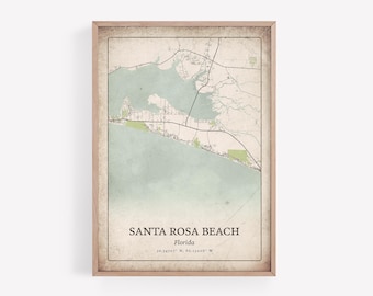 Impresión rústica de mapa de la playa de Santa Rosa, arte mural vintage grunge, póster de la ciudad de Santa Rosa Beach, decoración de casas de playa, arte de Florida, Estados Unidos
