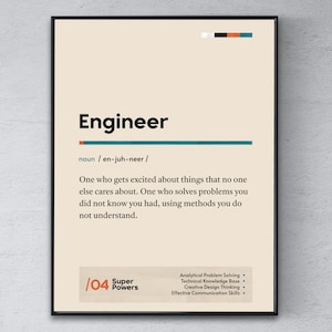 May include: A beige poster with the word "Engineer" in black text. The definition of the word is given in black text with the pronunciation in italics. The poster also includes the text "/04 Super Powers" in orange and black text. The poster lists the skills of an engineer in black text on a white background.