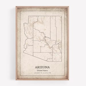 Classic Arizona Map Print, Antique Vintage Wall Art, Arizona State Poster, Desert Retreat Decor, United States Art