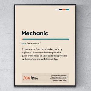 Mechanic Definition Poster, Repairman Coworker Wall Art, Funny Modern Office Gift, Auto Technician Graduation Print