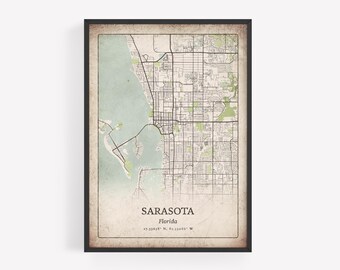 Vintage Sarasota  Map Print, Classic Distressed Wall Art, Sarasota  City Poster, Beach House Decor, Florida United States Art
