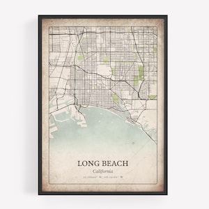 Rustic Long Beach Map Print, Retro Antique Wall Art, Long Beach City Poster, Beach House Decor, California United States Art