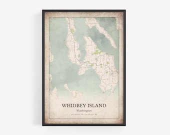 Rustic Whidbey Island Map Print, Distressed Vintage Wall Art, Whidbey Island City Poster, Island Retreat Decor, Washington United States Art
