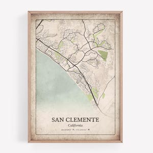 Rustic San Clemente Map Print, Retro Distressed Wall Art, San Clemente City Poster, Beach House Decor, California United States Art