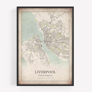 Impresión rústica de mapa de Liverpool, arte mural retro vintage, póster de la ciudad de Liverpool, decoración de apartamentos urbanos metropolitanos, arte del Reino Unido