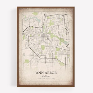 impression de carte vintage Ann Arbor, art mural antique en détresse, affiche de la ville d'Ann Arbor, Michigan États-Unis Art