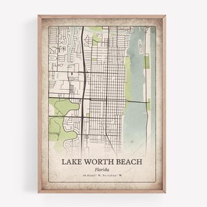Classic Lake Worth Beach Map Print, Grunge Antique Wall Art, Lake Worth Beach City Poster, Beach House Decor, Florida United States Art