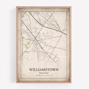 Impresión vintage de mapa de Williamstown, arte mural grunge desgastado, póster de la ciudad de Williamstown, arte de Nueva Jersey, Estados Unidos