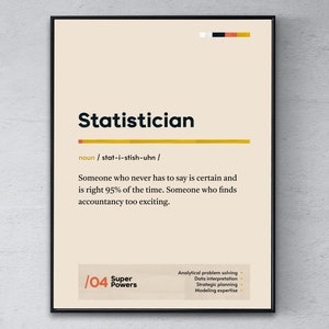 Könnte beinhalten: Ein beiger Poster mit schwarzem Text definiert das Wort "Statistiker" als jemanden, der 95% der Zeit Recht hat. Der Poster listet auch die "Superkräfte" eines Statistikers auf, darunter analytisches Problemlösen, Dateninterpretation, strategische Planung und Modellierungskenntnisse.