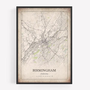 Impression de carte classique de Birmingham, art mural vieilli antique, affiche de la ville de Birmingham, art de l&#39;Alabama, États-Unis
