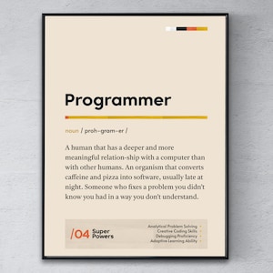 Plakat z definicją programisty, wydruk ukończenia studiów programisty, sztuka ścienna dla współpracownika analityka programisty, zabawny nowoczesny prezent biurowy